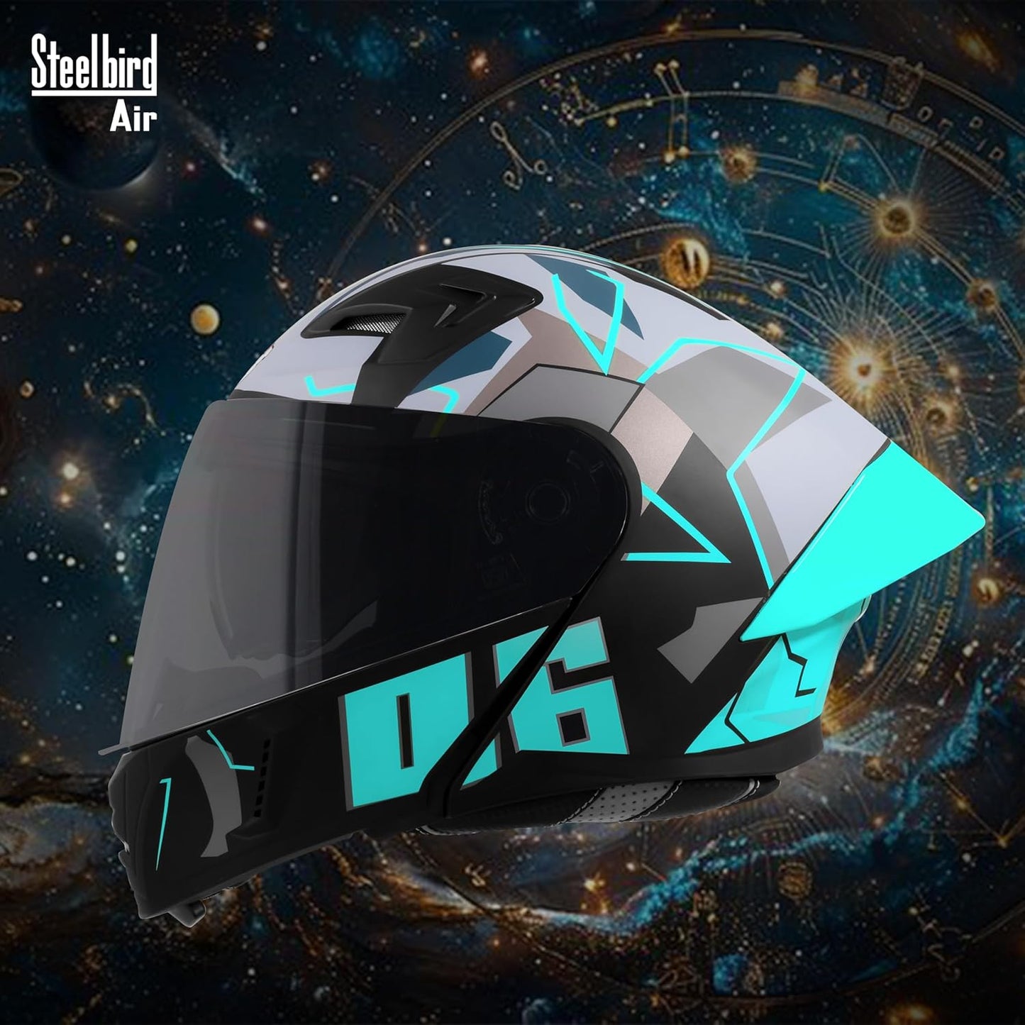 Steelbird SBA-20 06 ISI Certified Flip-Up Graphic Helmet for Men with Inner Chrome Sun Shield (Glossy Black Cyan Green)