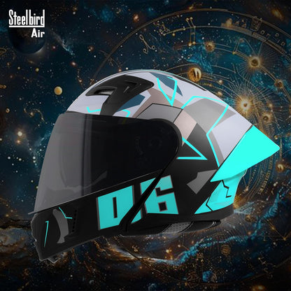 Steelbird SBA-20 06 ISI Certified Flip-Up Graphic Helmet for Men with Inner Chrome Sun Shield (Glossy Black Cyan Green)