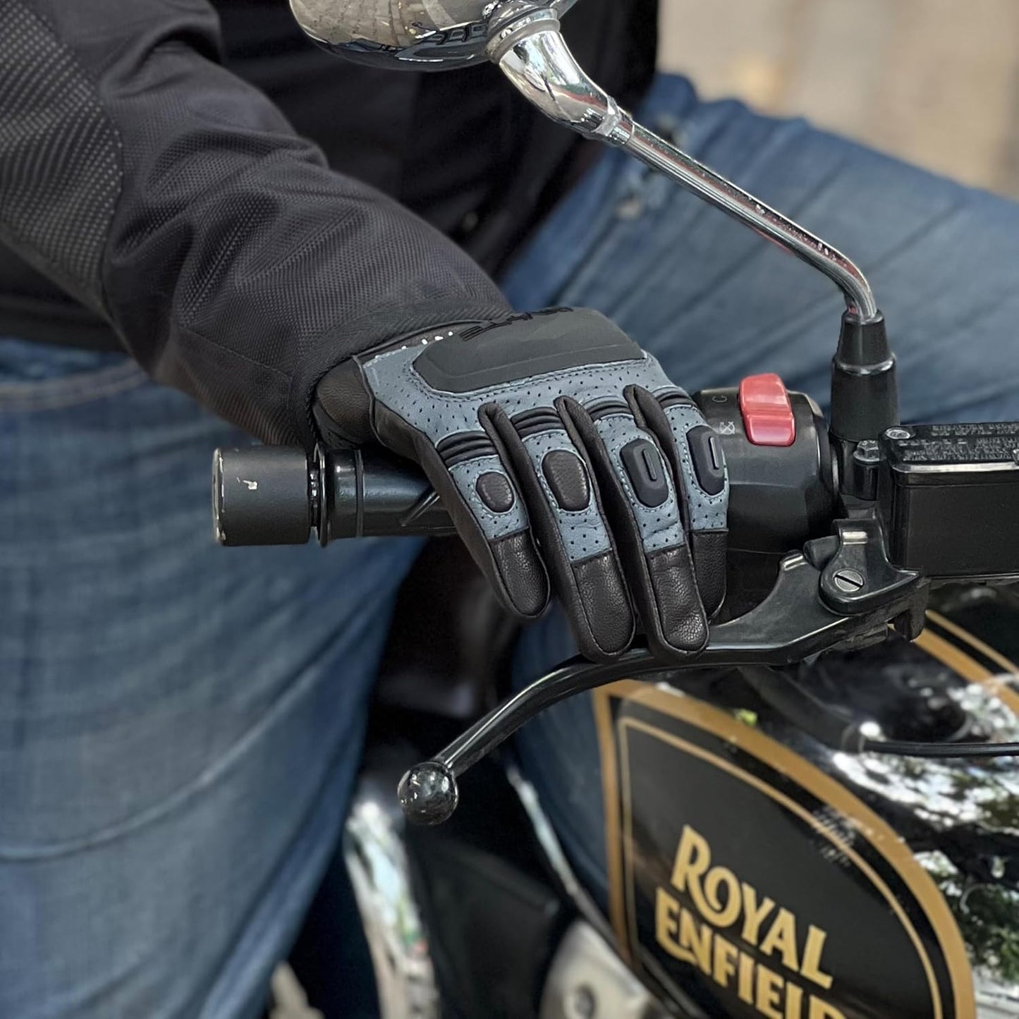 Ignyte Gauntlet Full Finger Bike Riding Leather Gloves with Touch Screen Sensitivity at Thumb and Index Finger, Protective Off-Road Motorbike Racing (Grey)