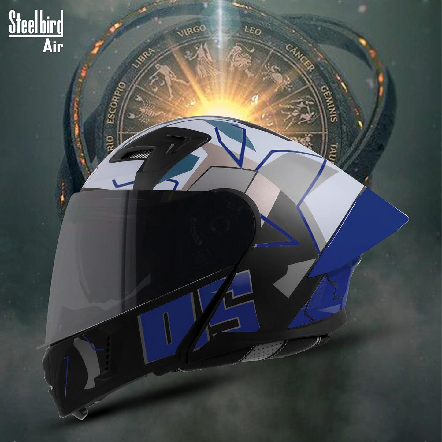 Steelbird SBA-20 05 ISI Certified Flip-Up Graphic Helmet for Men with Inner Chrome Sun Shield (Glossy Black Blue)