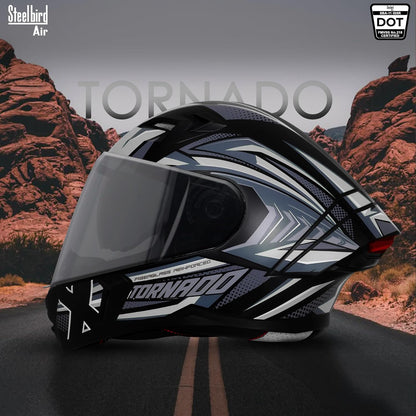 Steelbird SBA-11 Tornado Red Reflector ISI and DOT Certified Full Face Helmet for Men and Women with Inner Silver Sun Shield (Glossy Black Grey with Smoke Visor)