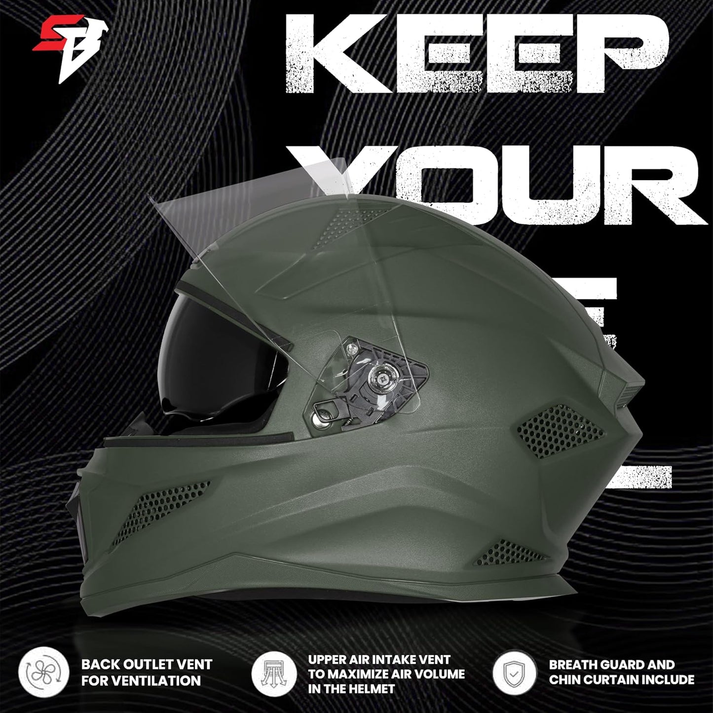 Steelbird SBH-25 Rudra ISI Certified Full Face Helmet for Men and Women with Inner Smoke Sun Shield (Dashing Battle Green)