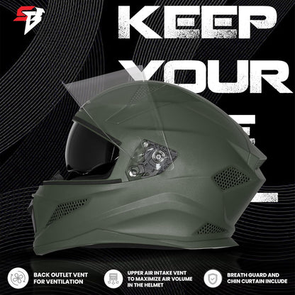 Steelbird SBH-25 Rudra ISI Certified Full Face Helmet for Men and Women with Inner Smoke Sun Shield (Dashing Battle Green)