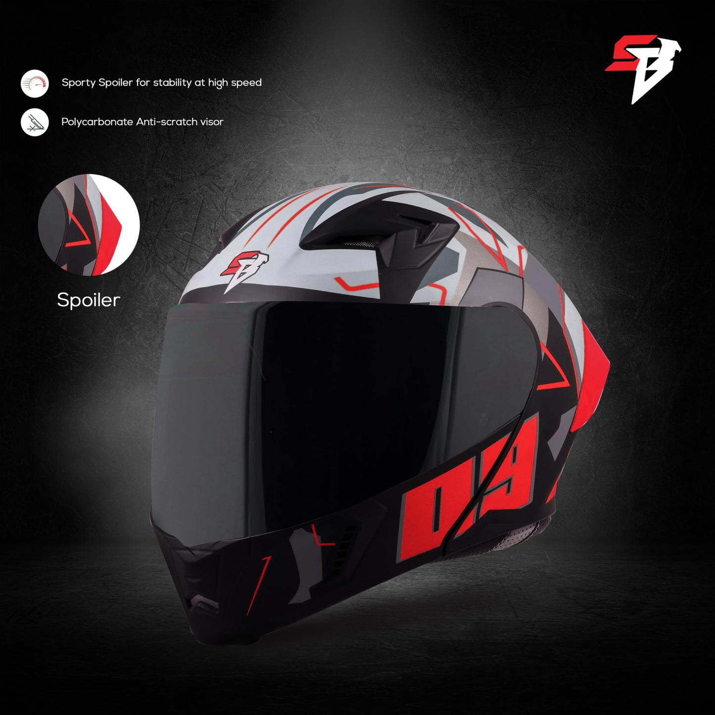 Steelbird SBA-20 09 ISI Certified Flip-Up Graphic Helmet for Men and Women with Inner Chrome Sun Shield (Glossy Black Red with Smoke Visor)