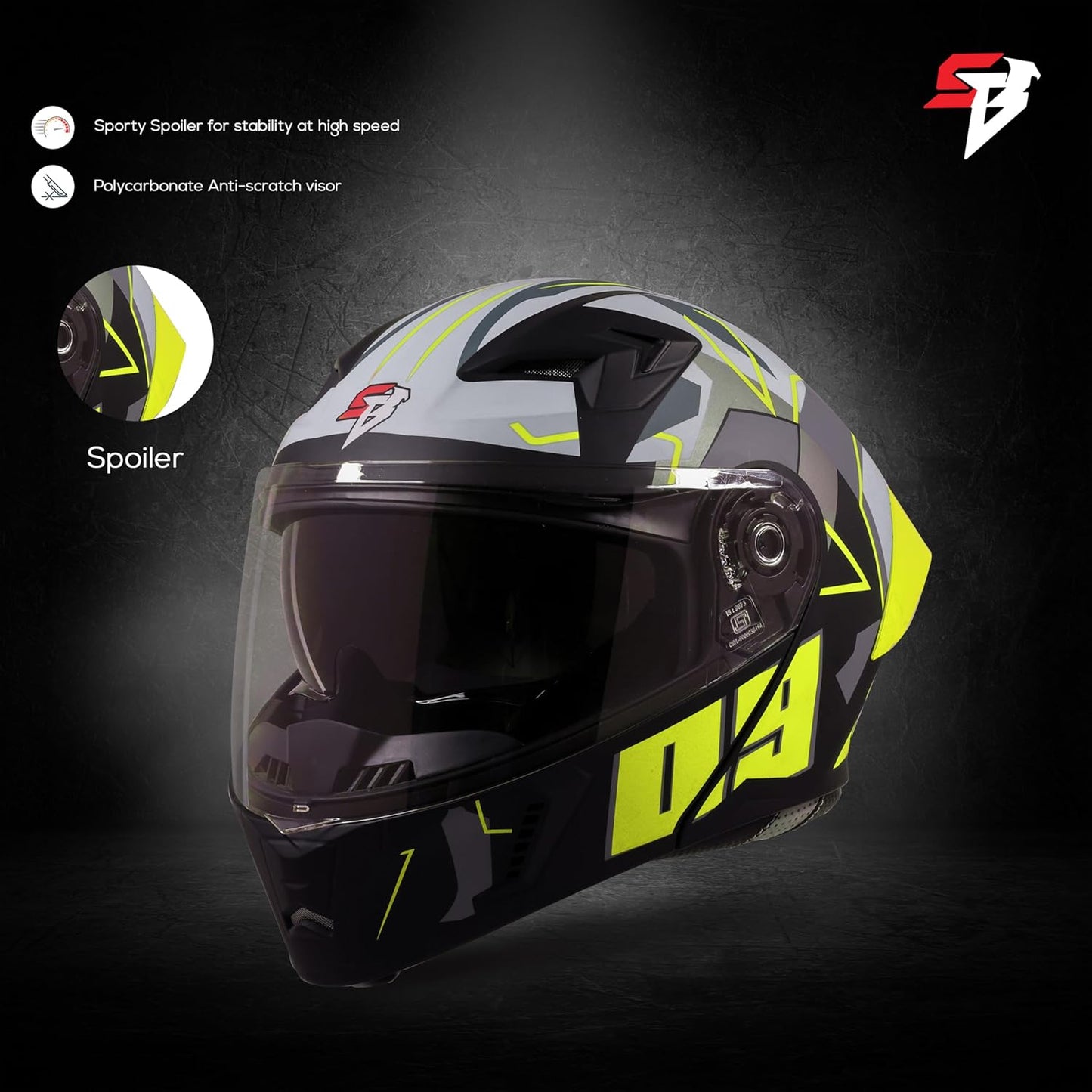 Steelbird SBA-20 09 ISI Certified Flip-Up Graphic Helmet for Men and Women with Inner Chrome Sun Shield (Glossy Black Neon)