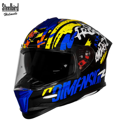 Steelbird SBH-57 Fighter F10 Graphic Helmet ISI and DOT Certified Full Face Helmet for Men with Inner Silver Sun Shield (Glossy Black Blue White)