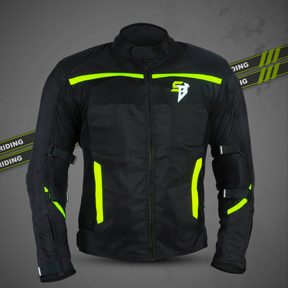 Steelbird Riding Jacket Zojila Z2 with Accordian Panel and Chest Pad - Removable CE Level 2 Protector and Zippered cuff (Neon)