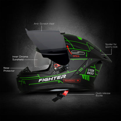 Steelbird SBH-57 Fighter F6 ISI and DOT Certified Full Face Graphic Helmet for Men and Women with Inner Silver Sun Shield (Glossy Black Green)