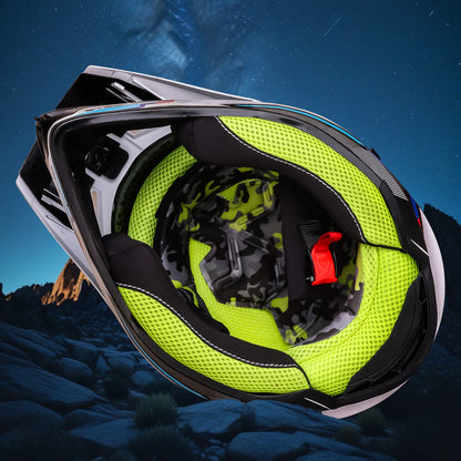 Steelbird Racer Off Road ISI Certified Motocross Double Visor Full Face Graphic Helmet Outer Clear Visor and Inner Silver Sun Shield (Glossy White Green)