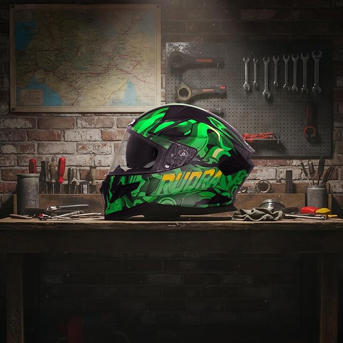 Steelbird SBH-25 Rudra Agni ISI Certified Full Face Graphic Helmet for Men with Inner Smoke Sun Shield (Glossy Black Green)