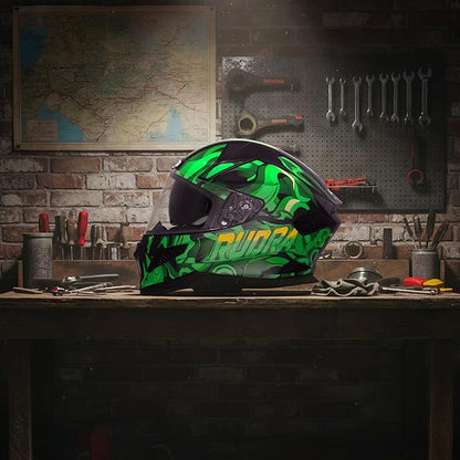 Steelbird SBH-25 Rudra Agni ISI Certified Full Face Graphic Helmet for Men with Inner Smoke Sun Shield (Glossy Black Green)