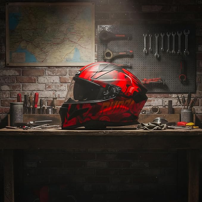 Steelbird SBH-25 Rudra Agni ISI Certified Full Face Graphic Helmet for Men with Inner Smoke Sun Shield (Glossy Black Red)