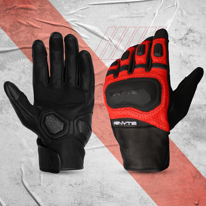 Ignyte Gauntlet Full Finger Bike Riding Leather Gloves with Touch Screen Sensitivity at Thumb and Index Finger, Protective Off-Road Motorbike Racing (Red)