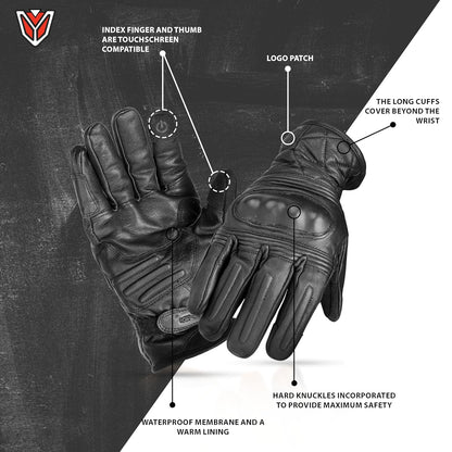 Ignyte Streak Leather Gloves Full Finger Waterproof Bike Riding Gloves with Touch Screen Sensitivity at Thumb and Index Finger, Protective Off-Road Motorbike Racing (Black)