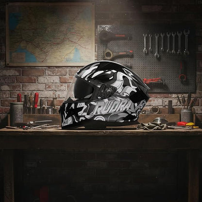 Steelbird SBH-25 Rudra Agni ISI Certified Full Face Graphic Helmet for Men with Inner Smoke Sun Shield (Glossy Black Grey)