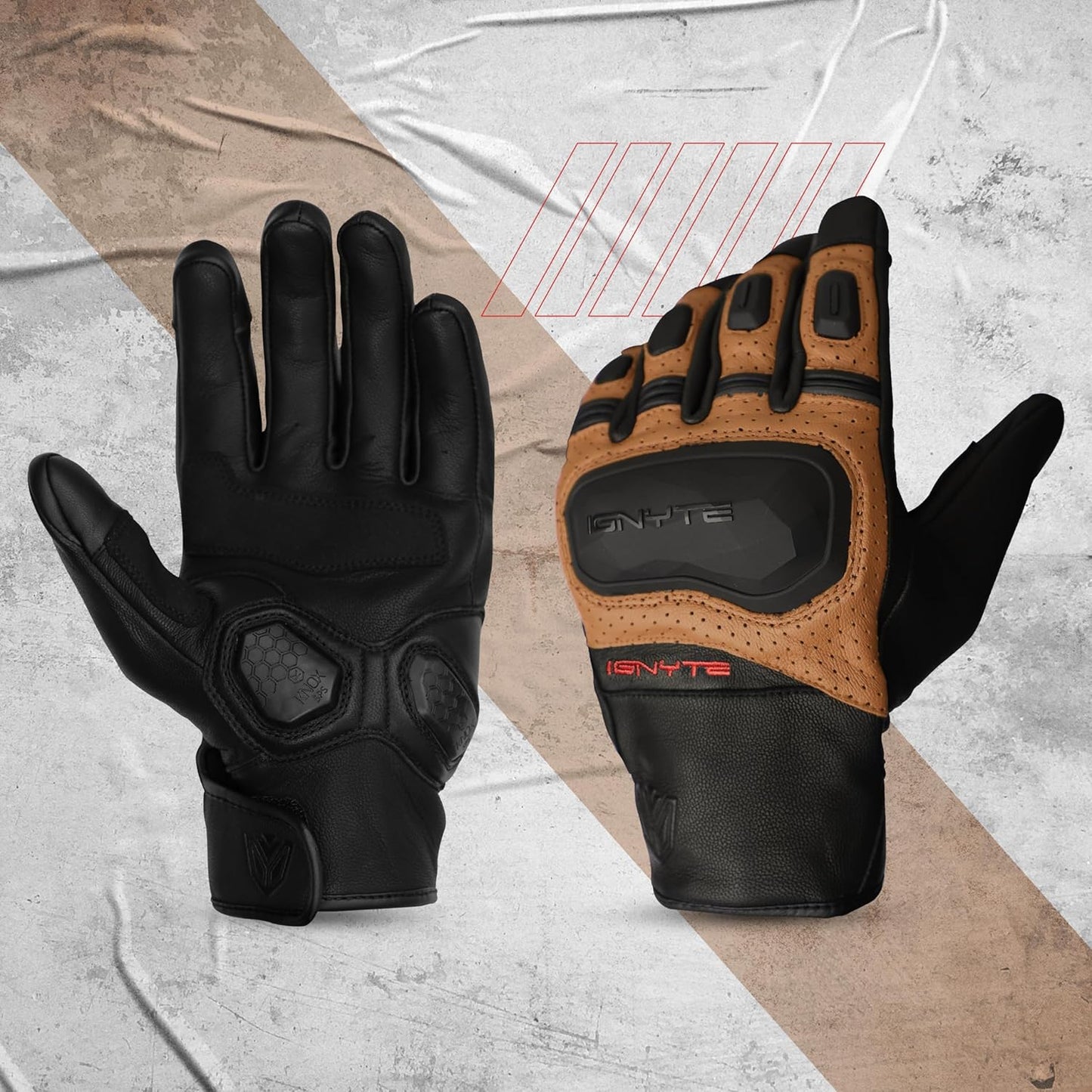 Ignyte Gauntlet Full Finger Bike Riding Leather Gloves with Touch Screen Sensitivity at Thumb and Index Finger, Protective Off-Road Motorbike Racing (Tan)