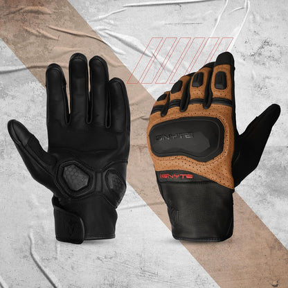 Ignyte Gauntlet Full Finger Bike Riding Leather Gloves with Touch Screen Sensitivity at Thumb and Index Finger, Protective Off-Road Motorbike Racing (Tan)