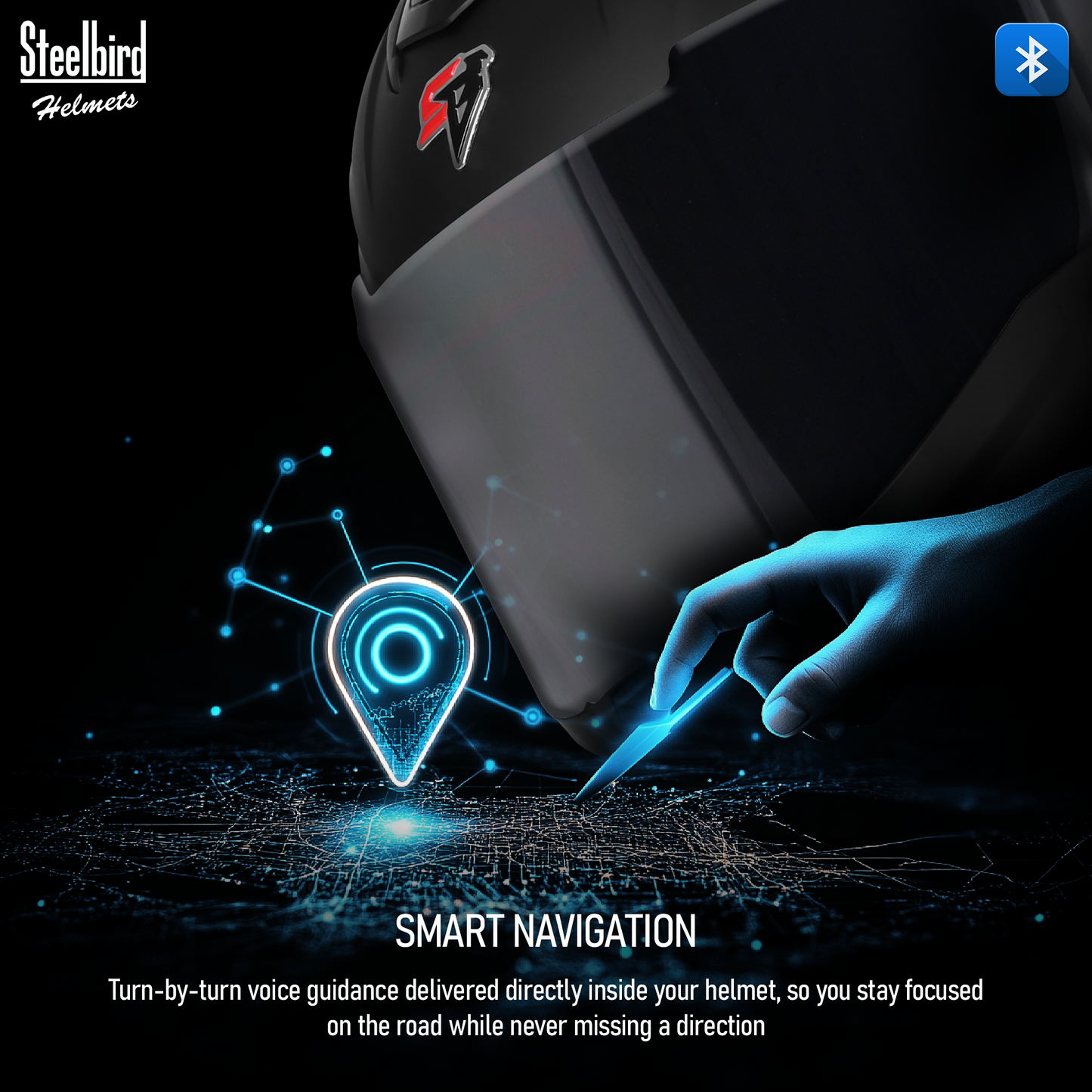 Steelbird SBH-57 Fighter Bass X Bluetooth Helmet ISI and DOT Certified Full Face Helmet for Men with Inner Silver Sun Shield (Matt Black)