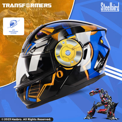 Steelbird SBH-40 Transformers Optimus Prime ISI Certified Full Face Graphic Helmet for Men and Women with Inner Smoke Sun Shield (Matt Black Gold)
