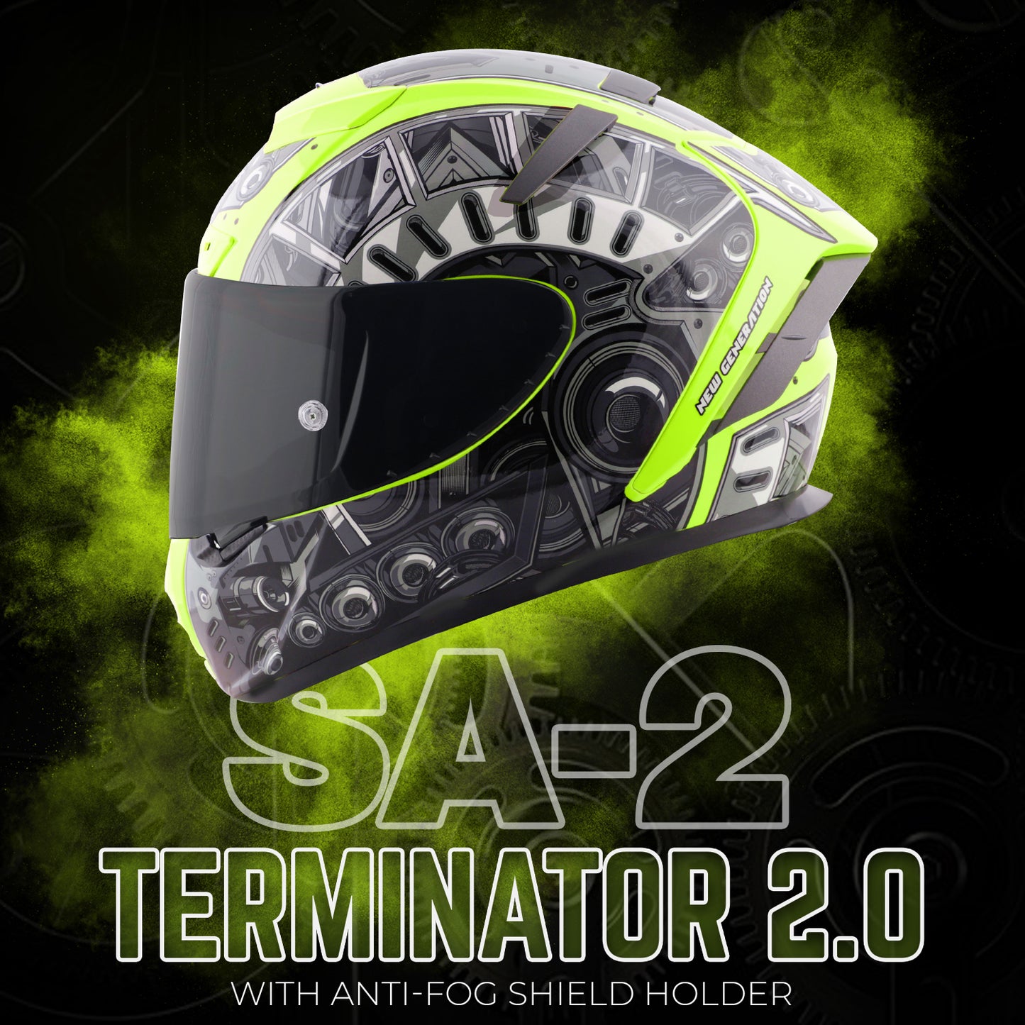 Steelbird SA-2 Terminator 2.0 ISI Certified Full Face Graphic Helmet for Men and Women (Glossy Fluo Neon Grey with Smoke Visor)