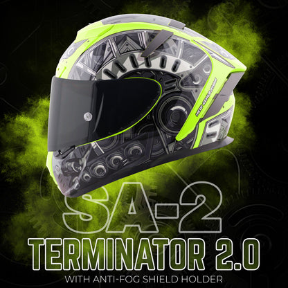 Steelbird SA-2 Terminator 2.0 ISI Certified Full Face Graphic Helmet for Men and Women (Glossy Fluo Neon Grey with Smoke Visor)