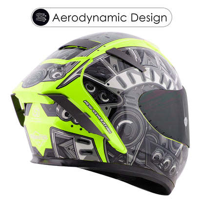 Steelbird SA-2 Terminator 2.0 ISI Certified Full Face Graphic Helmet for Men and Women (Glossy Fluo Neon Grey with Smoke Visor)