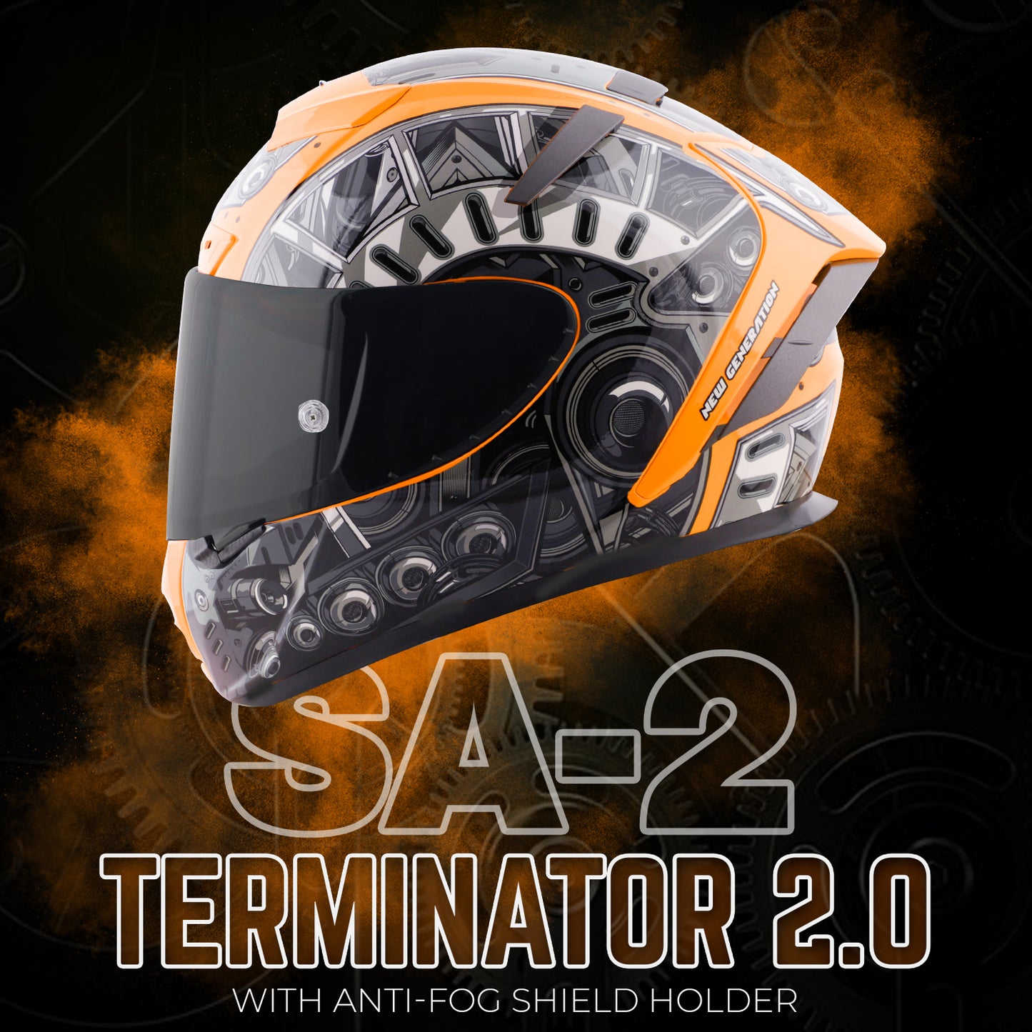 Steelbird SA-2 Terminator 2.0 ISI Certified Full Face Graphic Helmet for Men and Women (Glossy Fluo Orange Grey with Smoke Visor)