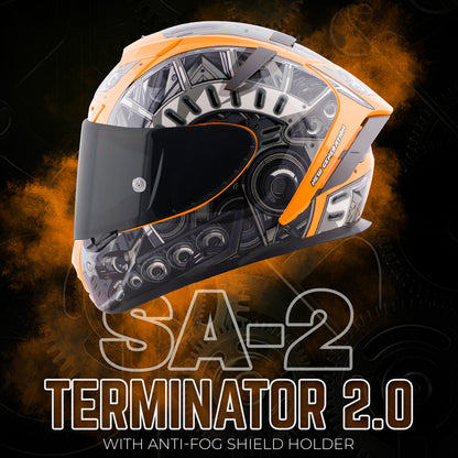 Steelbird SA-2 Terminator 2.0 ISI Certified Full Face Graphic Helmet for Men and Women (Glossy Fluo Orange Grey with Smoke Visor)