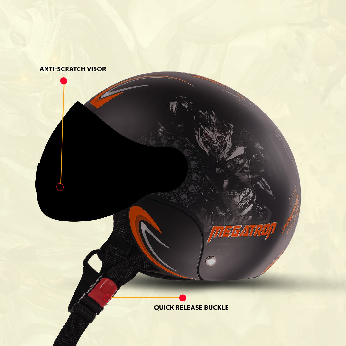 Steelbird SBH-16 Megatron ISI Certified Open Face Graphic Helmet for Men and Women (Glossy Black Orange with Smoke Visor)