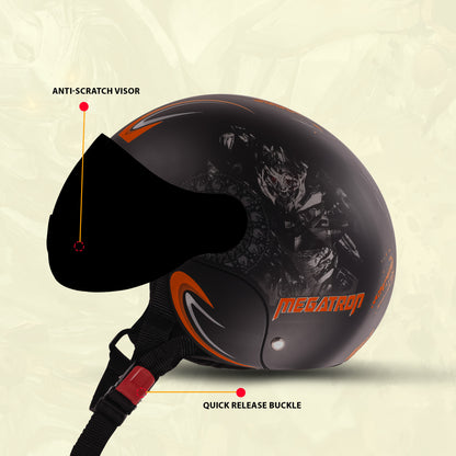 Steelbird SBH-16 Megatron ISI Certified Open Face Graphic Helmet for Men and Women (Glossy Black Orange with Smoke Visor)