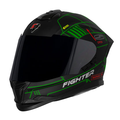 Steelbird SBH-57 Fighter F6 ISI and DOT Certified Full Face Graphic Helmet for Men and Women with Inner Silver Sun Shield (Glossy Black Green)