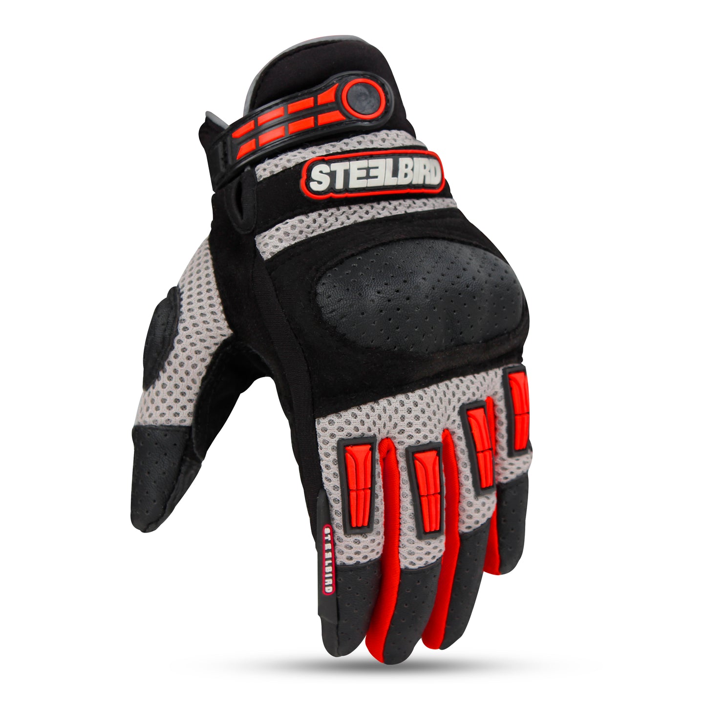 Refurbished Steelbird Adventure A-1 Full Finger Riding Gloves with Touch Screen Sensitivity at Thumb and Index Finger, Protective Off-Road Motorbike Racing (Red)