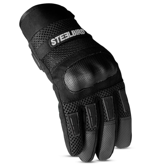 Steelbird Khardungla Full Finger Bike Riding Gloves with Touch Screen Sensitivity at Thumb and Index Finger, Protective Off-Road Motorbike Racing (Black)