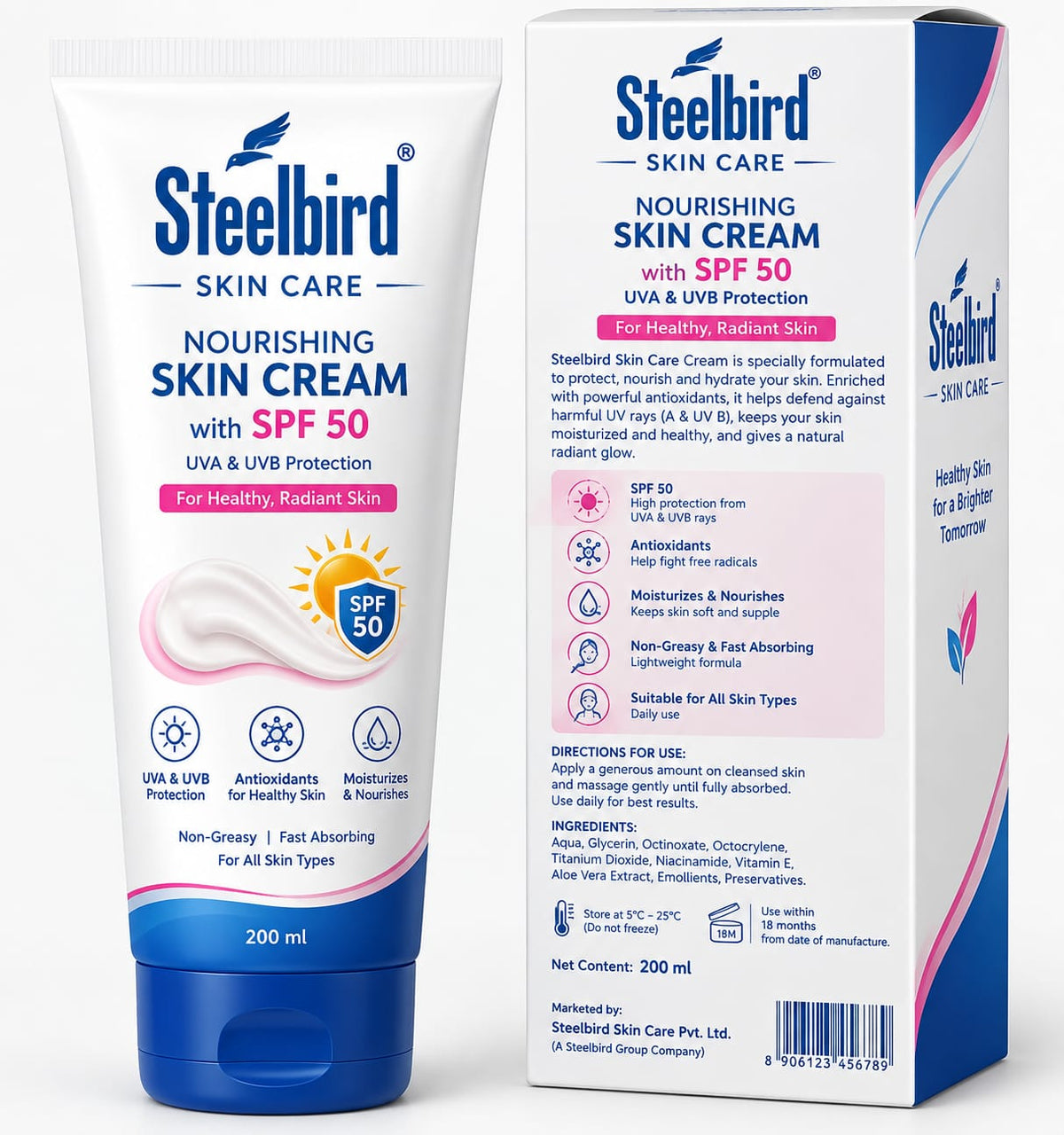 Steelbird Nourishing Skin Cream with SPF 50, Suitable for All Skin Types, 200 ml, UVA & UVB Protection, Enriched with Niacinamide & Vitamin E