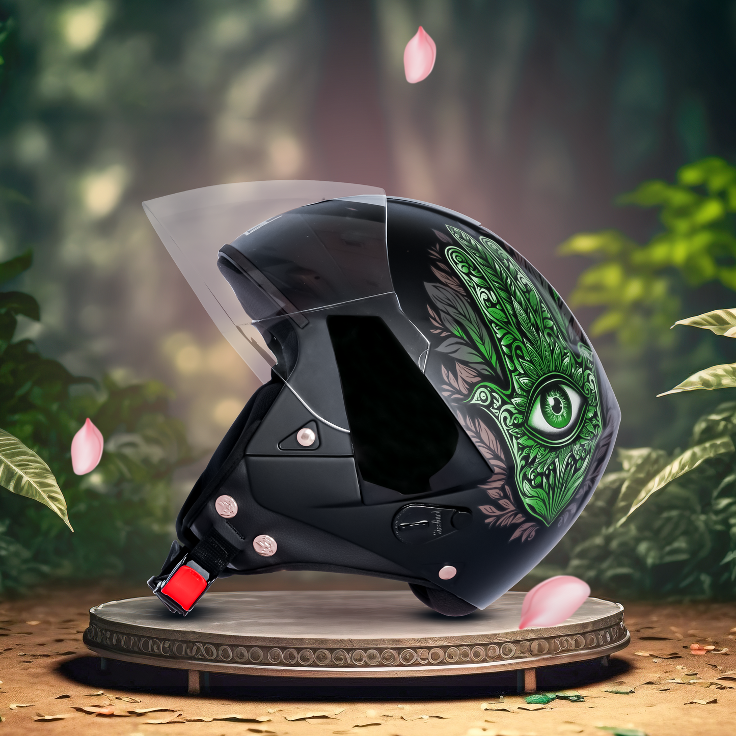 SBH-5 Hamsa Eye Graphic Helmet ISI Certified Open Face Helmet for Women (Glossy Black Green)