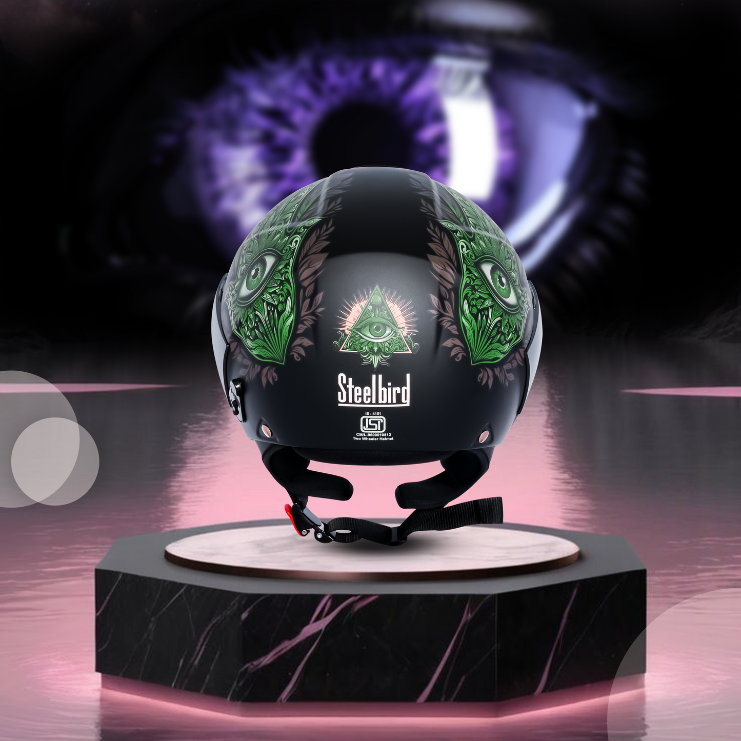 SBH-5 Hamsa Eye Graphic Helmet ISI Certified Open Face Helmet for Women (Glossy Black Green)