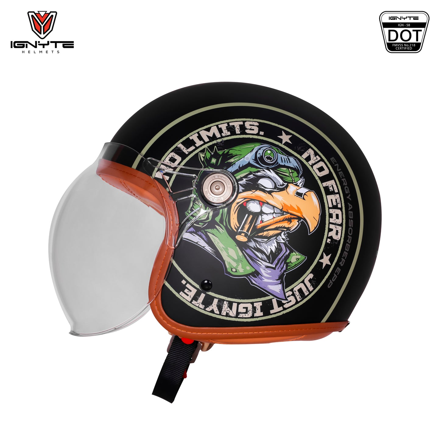 Ignyte IGN-58 Eagle ISI and DOT Certified Open Face Graphic Helmet for Men and Women (Glossy Black Green)