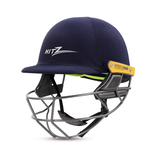 Steelbird Hitz Stainless Steel Premium Cricket Helmet for Men & Boys (Fixed Spring Steel Grill | Light Weight) (Blue Fabric with Green Interior)