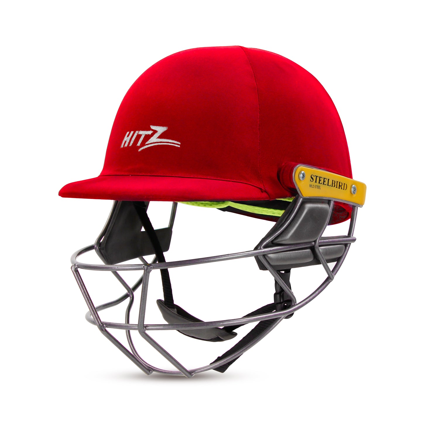 Steelbird Hitz Mild Steel Premium Cricket Helmet for Men & Boys with Neck Guard (Fixed Spring Steel Grill | Light Weight) (Red Fabric with Green Interior)