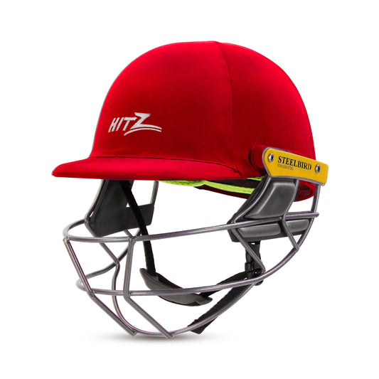 Steelbird Hitz Stainless Steel Premium Cricket Helmet for Men & Boys (Fixed Spring Steel Grill | Light Weight) (Red Fabric with Green Interior)