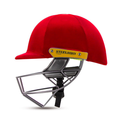 Steelbird Hitz Titanium Grill Premium Cricket Helmet for Men & Boys (Fixed Spring Steel Grill | Light Weight) (Red Fabric with Green Interior)