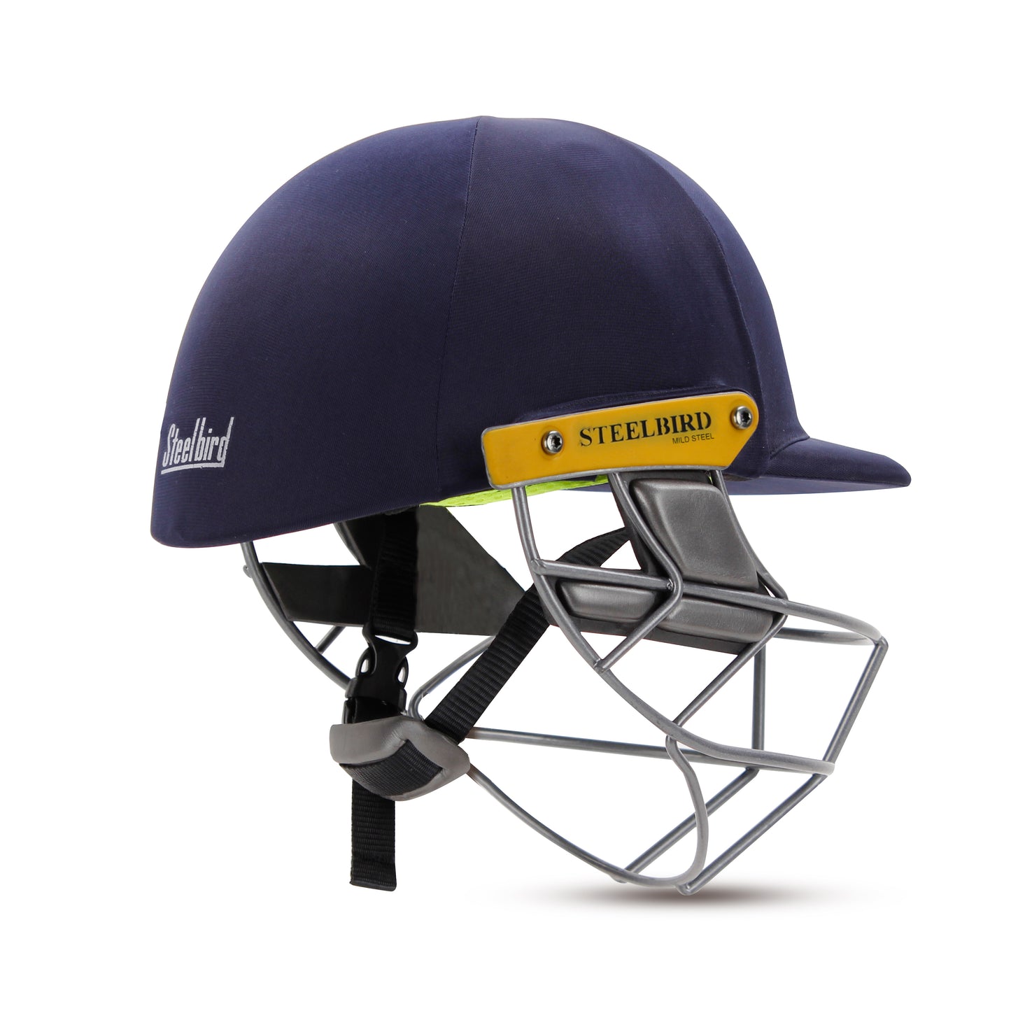 Steelbird Hitz Mild Steel Premium Cricket Helmet for Men & Boys with Neck Guard (Fixed Spring Steel Grill | Light Weight) (Blue Fabric with Green Interior)