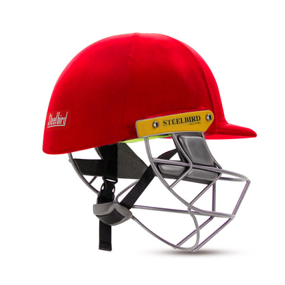 Steelbird Hitz Mild Steel Premium Cricket Helmet for Men & Boys (Fixed Spring Steel Grill | Light Weight) (Red Fabric with Green Interior)