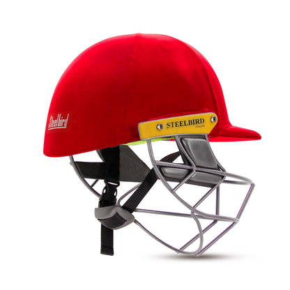Steelbird Hitz Titanium Grill Premium Cricket Helmet for Men & Boys (Fixed Spring Steel Grill | Light Weight) (Red Fabric with Green Interior)