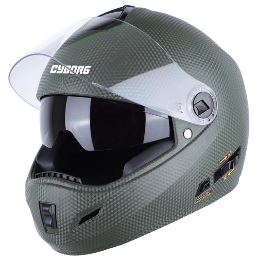 Steelbird Cyborg Double Visor Full Face Helmet, Inner Smoke Sun Shield and Outer Clear Visor (Dashing Battle Green)