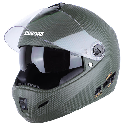 Steelbird Rox Cyborg ISI Certified Full Face Helmet for Men and Women with Inner Smoke Sun Shield and Outer Clear Visor (Dashing Battle Green)