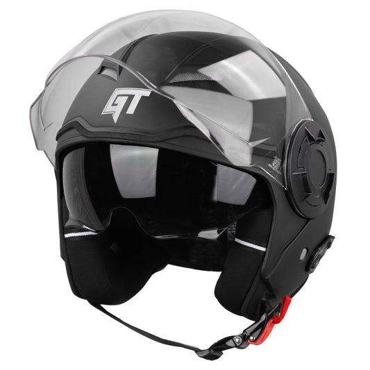 Steelbird SBH-31 GT Dashing ISI Certified Open Face Helmet for Men and Women with Inner Sun Shield ( Dual Visor Mechanism ) (Dashing Black)