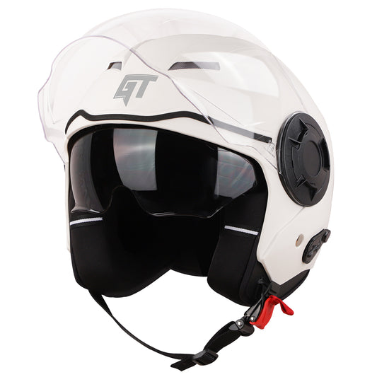 Steelbird GT Dashing ISI Certified Open Face Helmet for Men and Women with Inner Sun Shield ( Dual Visor Mechanism ) (Dashing White)