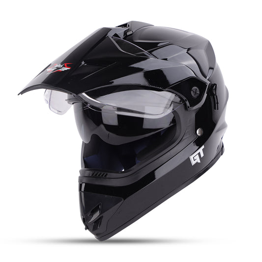 Steelbird GT Off Road ISI Certified Motocross Double Visor Full Face Helmet Outer Clear Visor and Inner Smoke Sun Shield (Glossy Black)