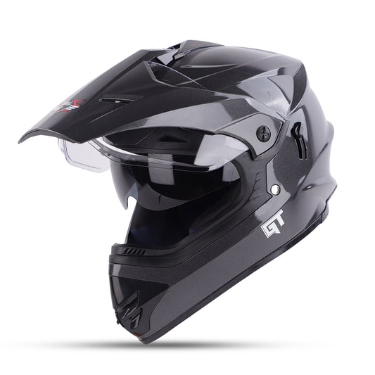 Steelbird GT Off Road ISI Certified Motocross Double Visor Full Face Helmet Outer Clear Visor and Inner Smoke Sun Shield (Glossy Axis Grey)